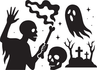 This image is a black and white vector arart with a Halloween theme.