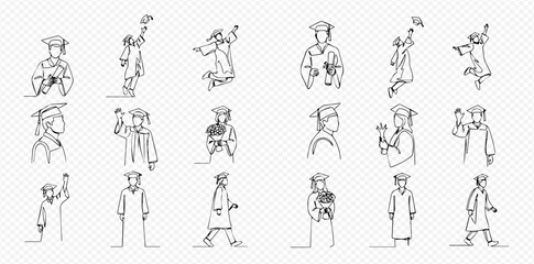 Continuous line art illustrations of graduates celebrating their achievement, holding diplomas, throwing caps, and jumping in various poses.