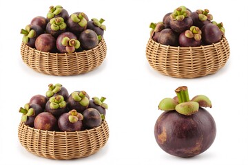 Fresh mangosteen fruit in baskets on white background healthy food concept