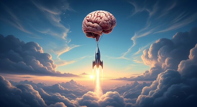 A surreal and inspiring image of a rocket launching a human brain into the sky amidst dramatic clouds and a sunset