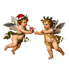 Two festive cherubs with wings exchanging a Christmas gift, one wearing a Santa hat and the other a holly wreath.
