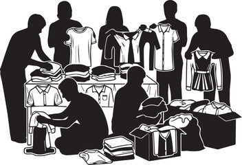 Diverse volunteers sorting and organizing donations of clothing for international volunteer day celebration