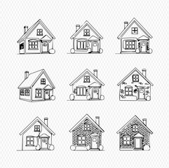 A collection of nine hand-drawn black and white house illustrations with various architectural details and styles.