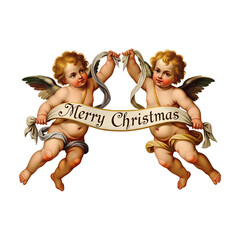 Two cherubic angels holding a banner with the words 'Merry Christmas' on it.
