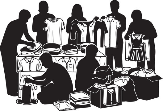 Diverse volunteers sorting and organizing donations of clothing for international volunteer day celebration