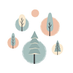 Minimalist tree illustrations in pastel circles for modern decor  