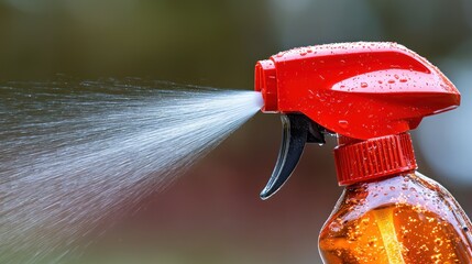 Red trigger spray bottle atomizing liquid, droplets on plastic