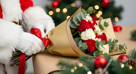 Santa Claus hands tying golden ribbon on a red rose and eucalyptus bouquet, luxury holiday concept with glowing background and warm light.