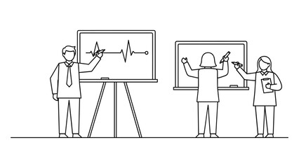 People drawing on whiteboards in line art style