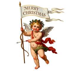 Vintage Victorian illustration of a cherub angel with a bow and arrow holding a Merry Christmas banner.