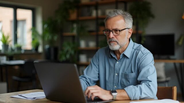 Happy mature older woman video calling on laptop working from home. Smiling 60s middle aged businesswoman talking by conference online virtual chat using computer at home office si. Investor trader