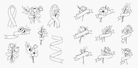 A collection of hand-drawn outline illustrations featuring various ribbons and floral elements.