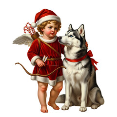 A festive cherub dressed as Santa Claus with Cupid's bow and wings, standing next to a Siberian Husky dog.