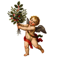A cherubic angel with wings holds a festive bouquet of holly and pine branches, adorned with a red sash.