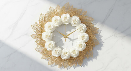 Elegant Floral Clock with White Roses and Gold Leaves

