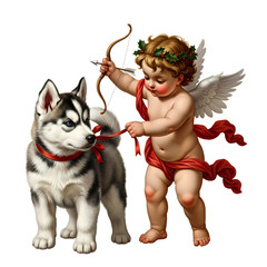 Adorable Cupid with bow and arrow leading a cute husky puppy on a red ribbon, symbolizing love and companionship.