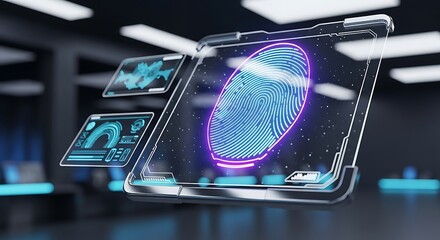 Futuristic holographic fingerprint scanner for digital security and identification.