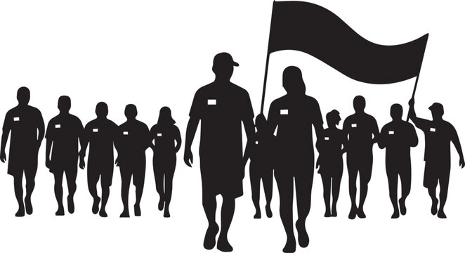 Diverse group of volunteers marching together carrying a flag celebrating international volunteer day