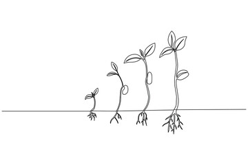 Minimalist vector sketch of the stages of plant development and roots