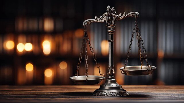 Elegant vintage scales of justice symbolizing law and fairness in a warm library setting