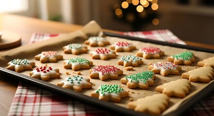 Festive Christmas star cookies freshly baked and decorated with colorful sprinkles