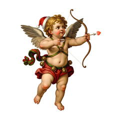 Vintage Christmas Cupid with bow and arrow, wearing a Santa hat.