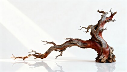 Naklejka premium Elegant, weathered driftwood branch with vibrant red and brown tones reflected on a white glossy surface for modern design projects