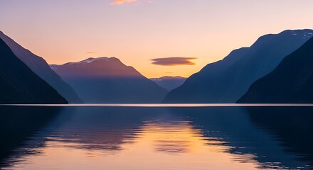 Serene Sunset Over Mountain Lake with Reflective Waters and Calm Atmosphere.