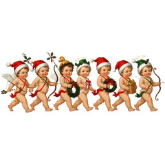 Vintage Christmas cherubs in Santa hats with gifts and wreaths.
