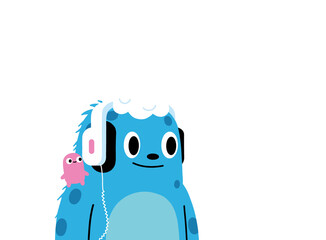 Smiling blue furry cartoon character wearing headphones with small pink buddy