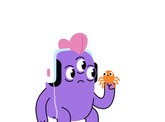 Cute three-eyed purple cartoon monster with headphones holding small orange spider