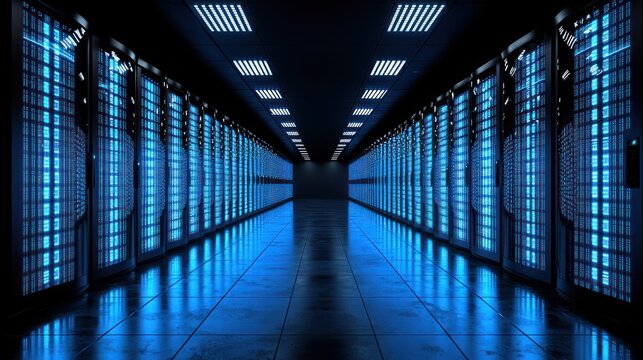 Rows of illuminated server racks receding into a dark, futuristic hallway