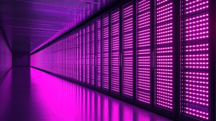 Rows of glowing purple server racks in a dark, reflective hallway