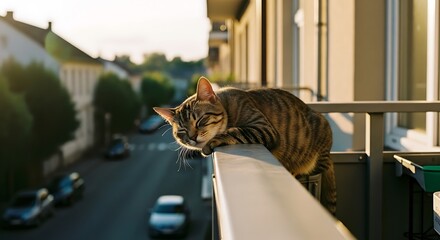 Striped cat lounging on a balcony railing in the sunlight.