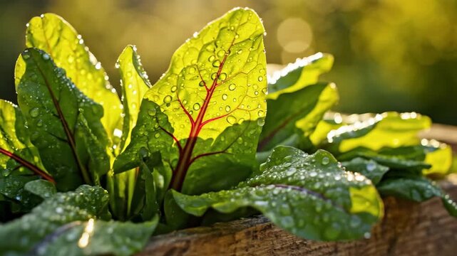 Close-up of green plant with water drops on leaves growing in raised wooden garden bed, fresh and organic vegetable footage