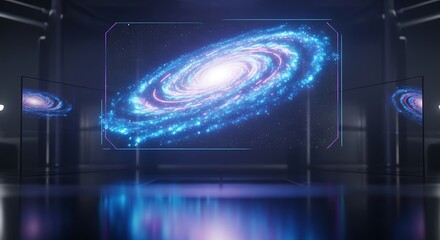 Stunning Holographic Display of a Spiral Galaxy in a Futuristic Exhibition Hall.