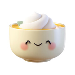 3D render of a cute kawaii smiling bowl of pudding with cream isolated on white background