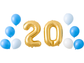 Elegant golden 20 balloons with blue balloons isolated on transparent background, ideal for event and birthday compositions.