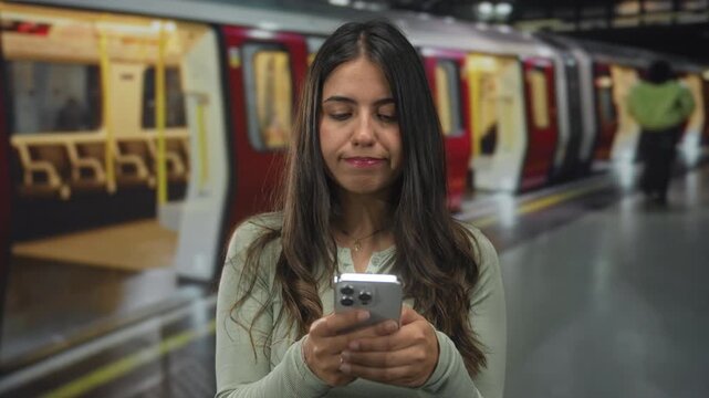 Woman using smartphone at train station with red train in background, illustrating modern lifestyle and technology in travel areas.