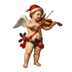 A cherubic angel wearing a Santa hat plays the violin, adorned with festive red ribbon and holly.