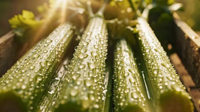 Fresh green vegetable celery washing with water droplets on stalks and sunlight, agriculture and healthy food footage