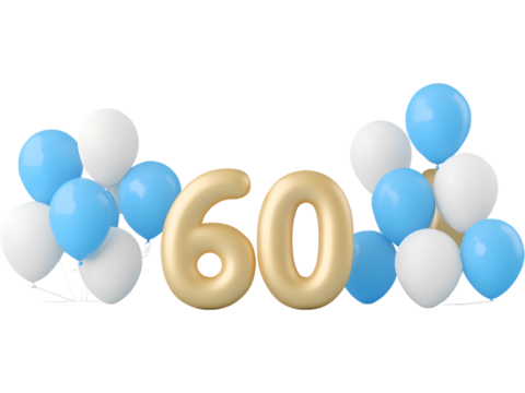 Golden 60 balloons with blue and white balloon decorations isolated on transparent background, symbolizing celebration and joy.