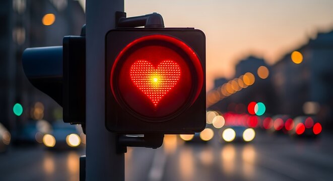 Heart-shaped red traffic light in city at dusk, love concept.