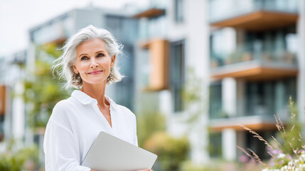 Senior real estate agent outdoors with laptop. Modern residential buildings in background. Concept image of business.