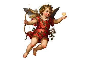 A classical depiction of Cupid, a winged cherub, holding a bow and arrow and a golden heart, symbolizing love and romance.