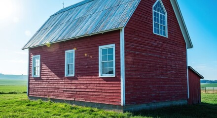 Rustic red barn with arched windows sits in sunlit field