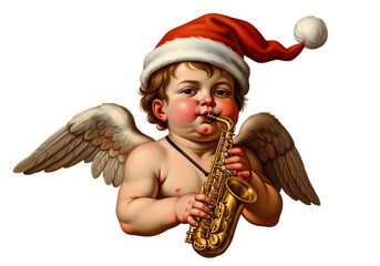 Vintage Christmas angel playing a saxophone, wearing a Santa hat.