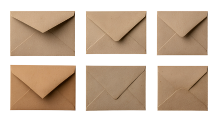 Six small square kraft paper envelopes arranged in two rows