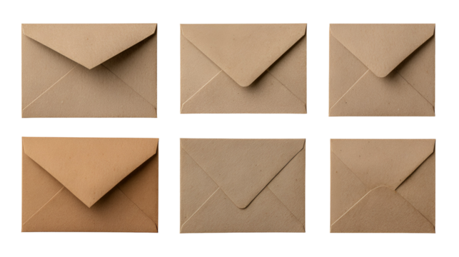Six small square kraft paper envelopes arranged in two rows