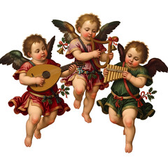Three cherubic angels playing musical instruments, a lute, a harp, and panpipes, in a classical style.